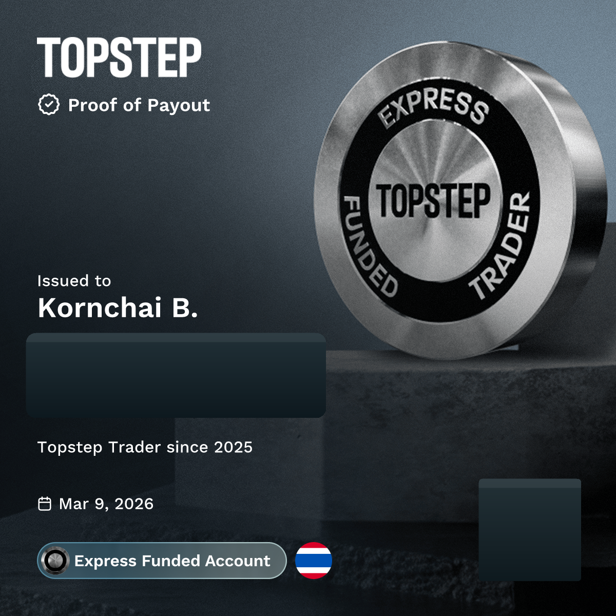 Topstep Proof of Payout ออกให้ Kornchai B. วันที่ 9 มีนาคม 2026 โดยซ่อนยอด Payout เพื่อความเป็นส่วนตัว